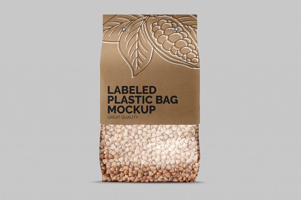 Download Plastic Bag with Carton Label Mockup | Mockupslib