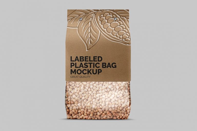 Download Plastic Bag with Carton Label Mockup | Mockupslib